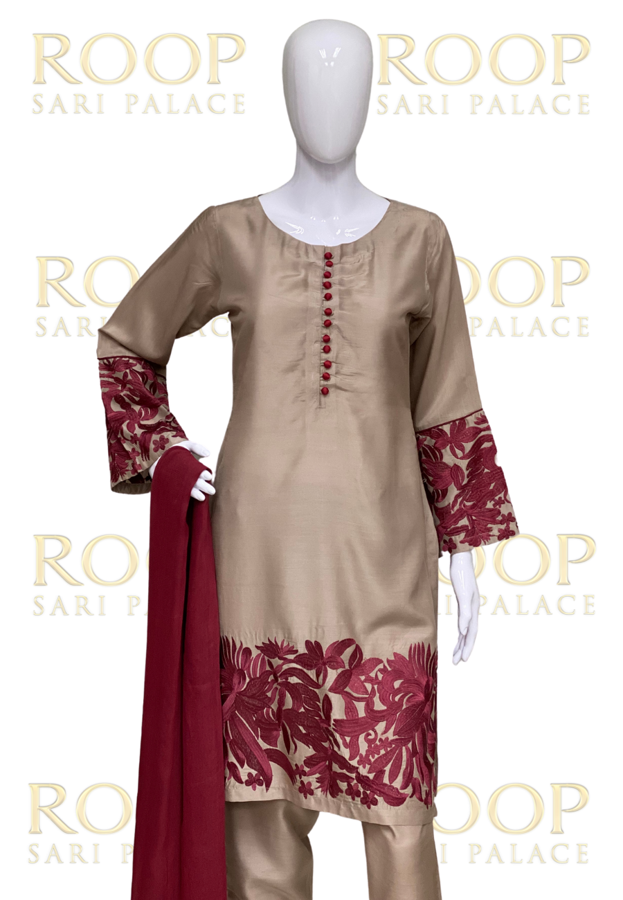 Gold Suit with Maroon Embroidery