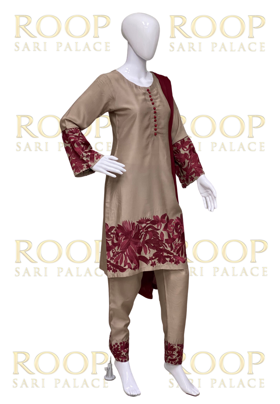 Gold Suit with Maroon Embroidery