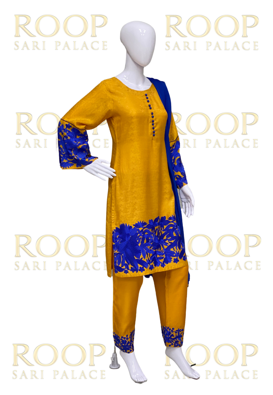 Yellow Suit with Blue Thread Work