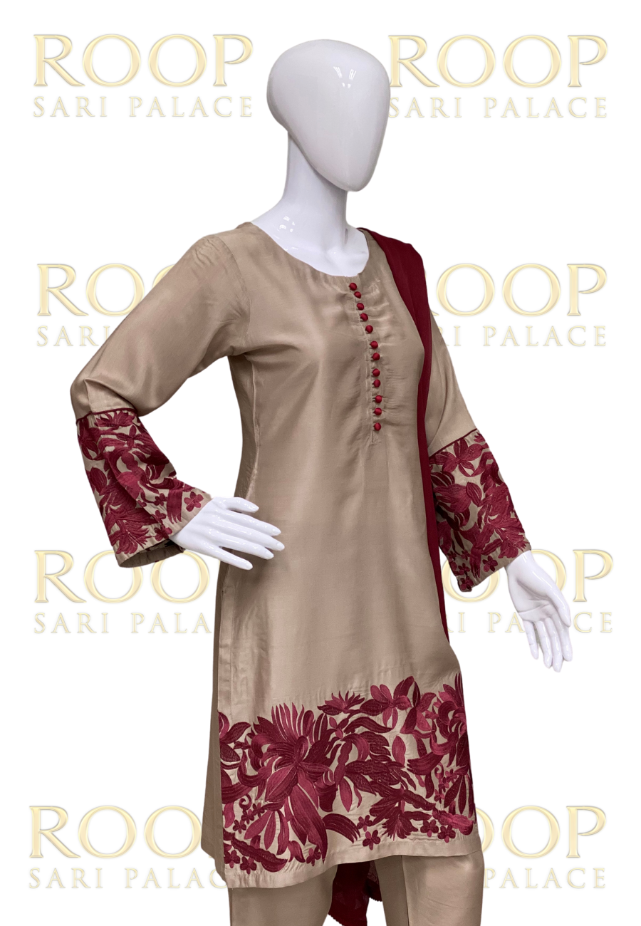 Gold Suit with Maroon Embroidery