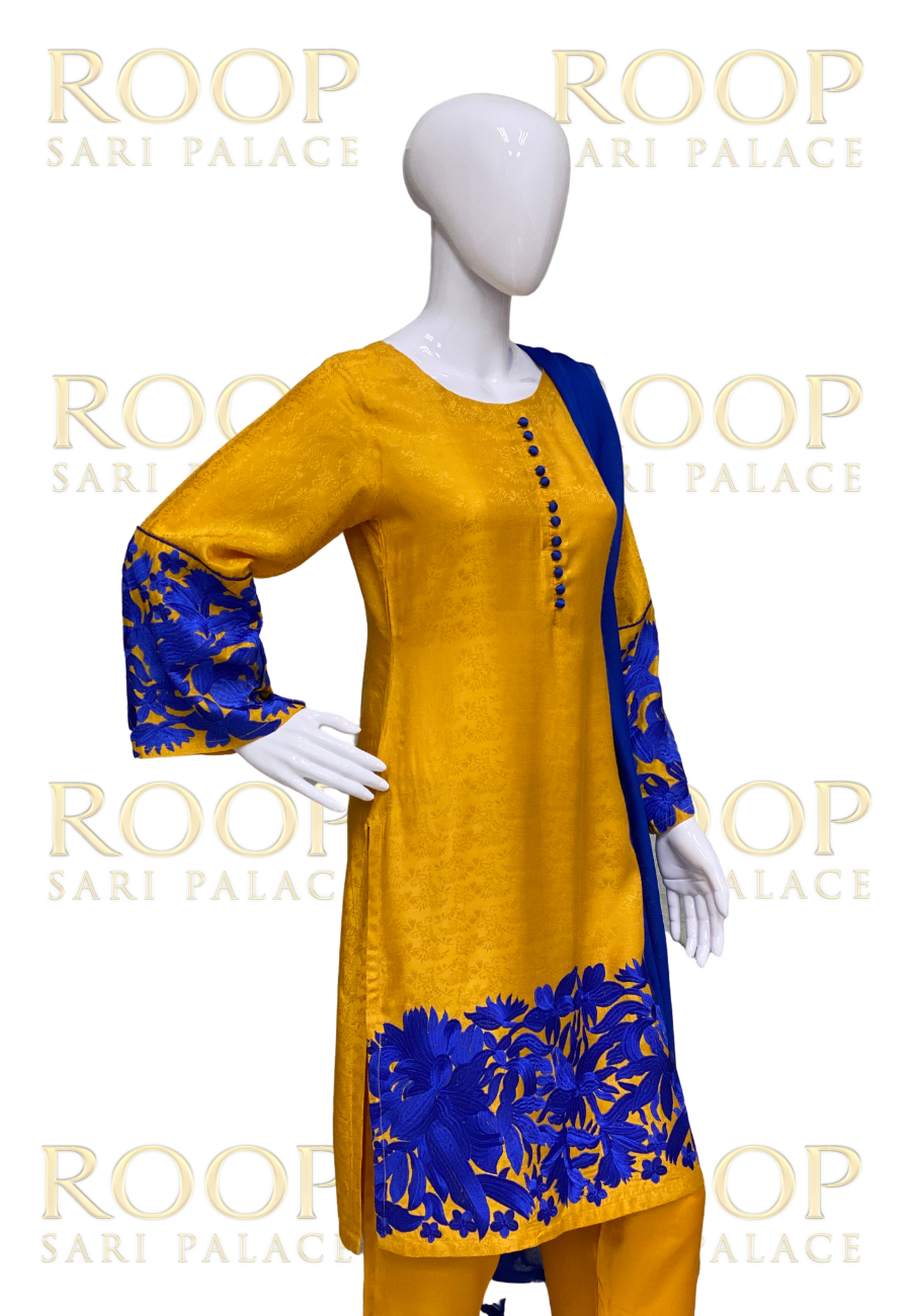 Yellow Suit with Blue Thread Work