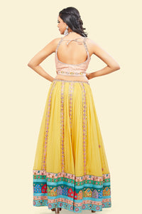 Yellow Lehenga with multicolor border and Pink Mirror Choli