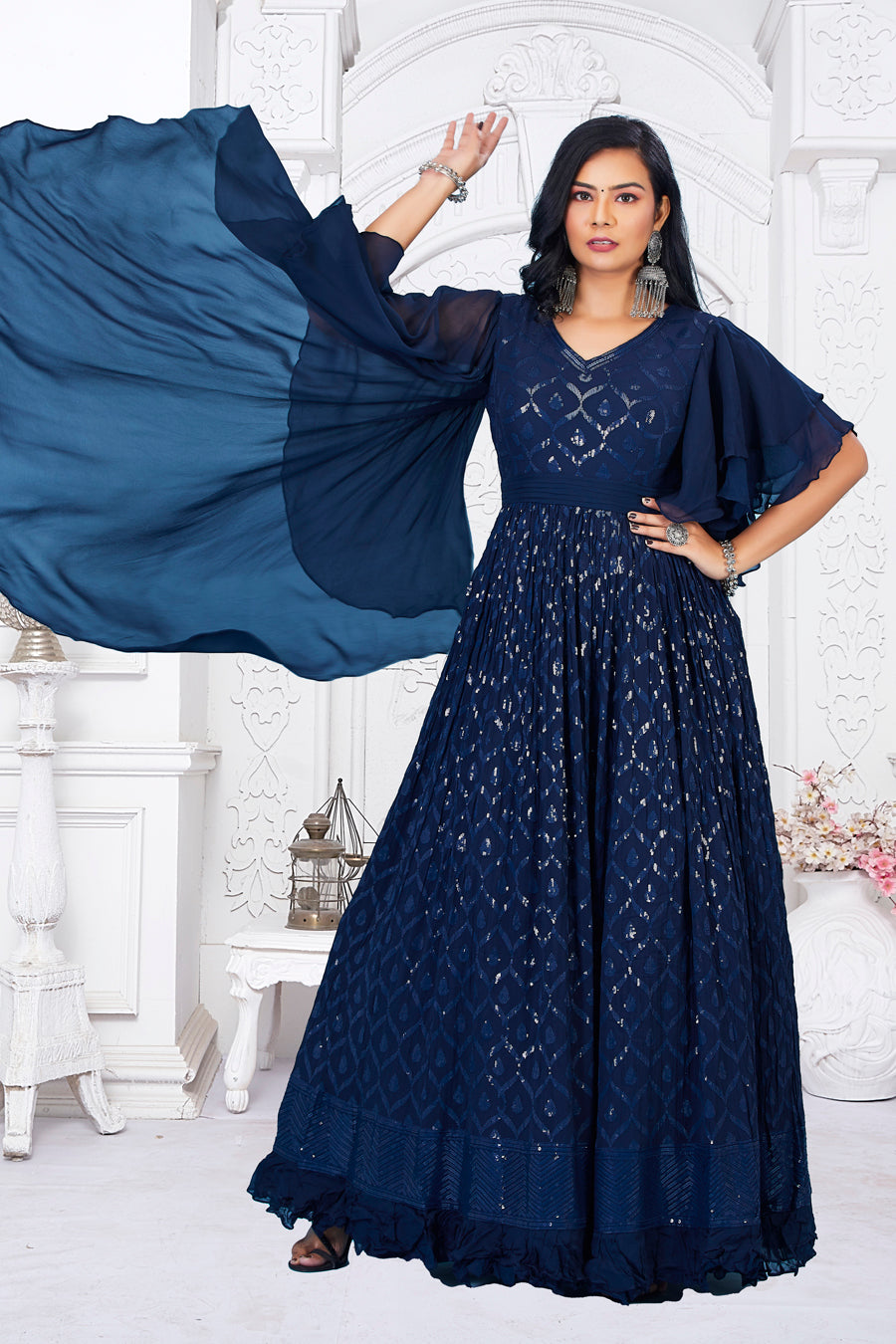 Illusion Navy Lace Long Sleeve Layered Satin Formal Gown | Indian gowns  dresses, Long gown dress, Gowns dresses