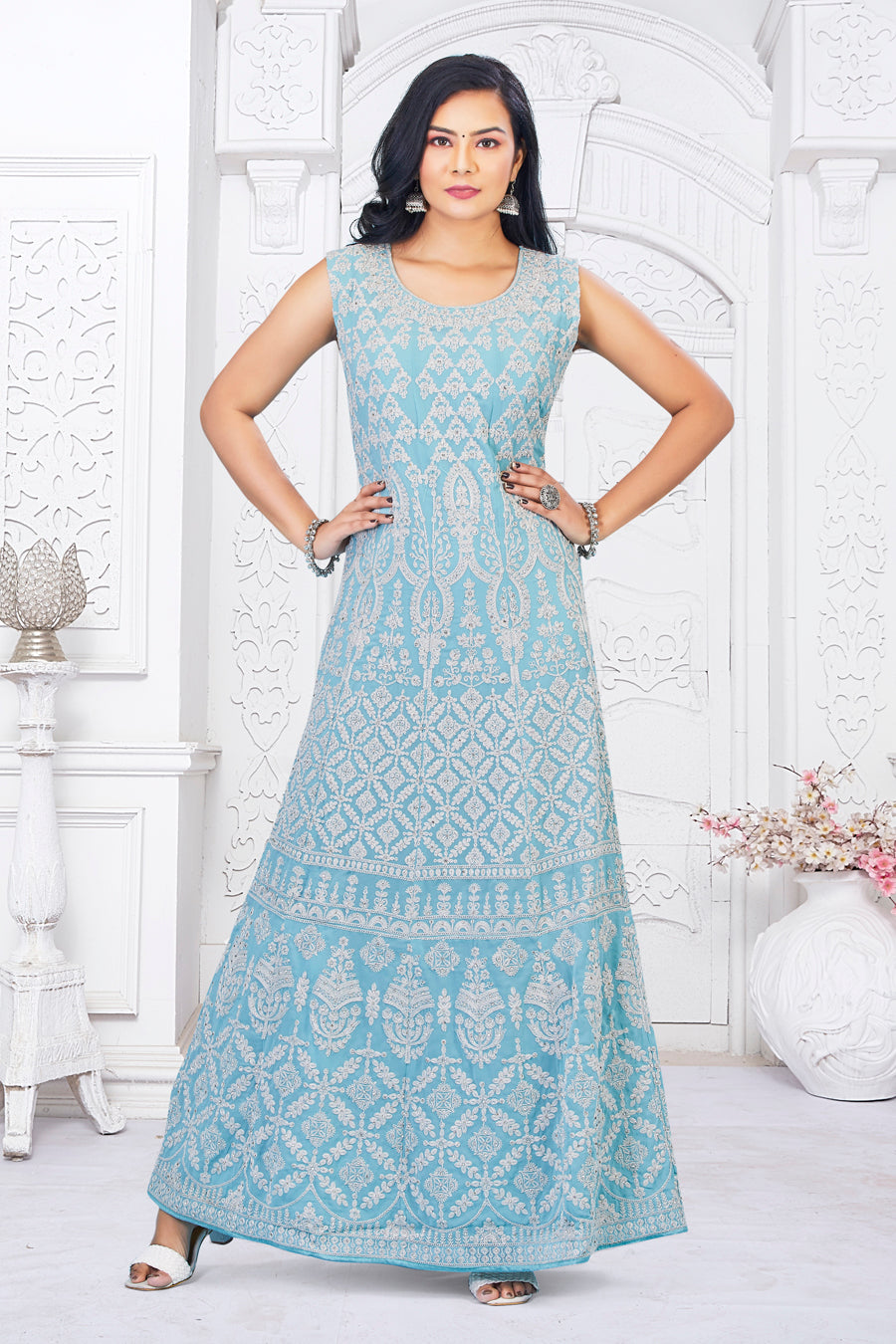 Turquoise Ladies Gown with Churidar and Dupatta