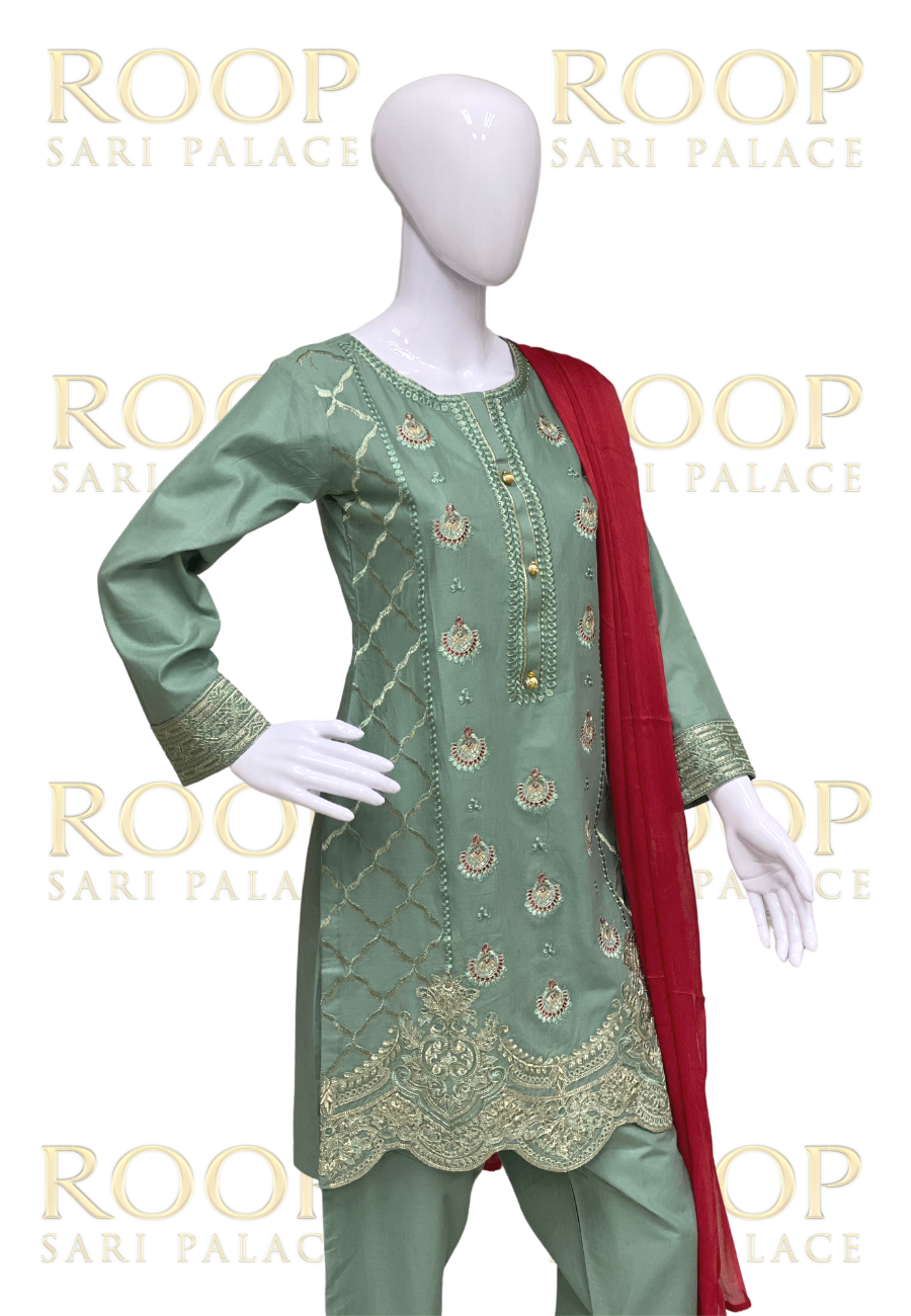 Light Green Suit with Red Duppata