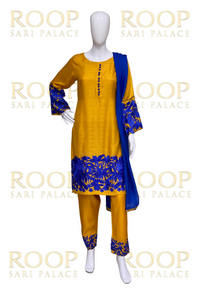 Yellow Suit with Blue Thread Work