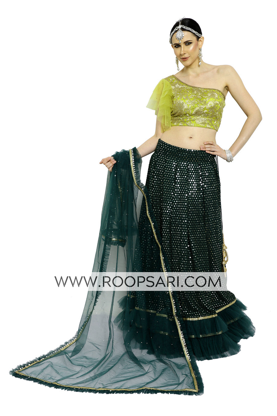 Dark Green and Lime Green Lehenga Choli