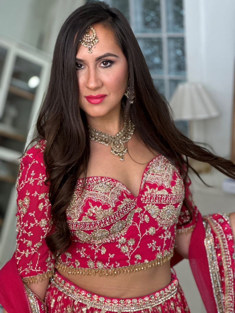 Hot Pink and Gold Lehenga with Heavy Border and Heavy Sequin and Embroidery Work Choli with Sleeves and Thick Full Border Dupatta