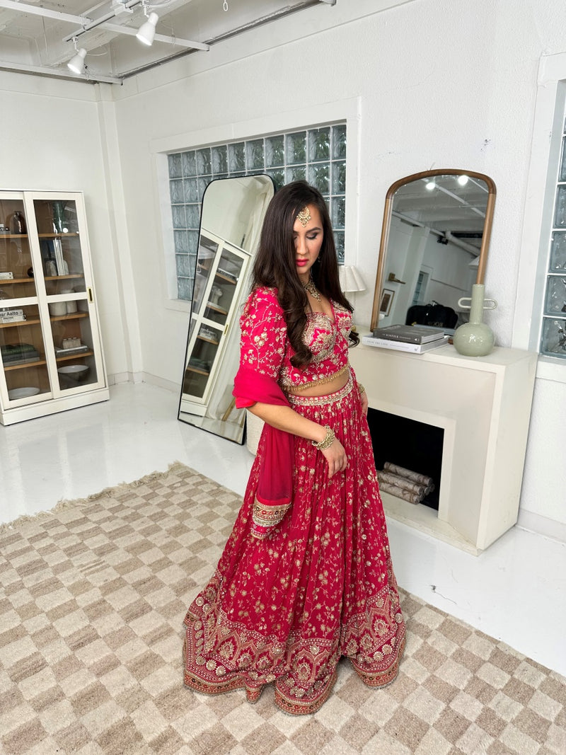 Hot Pink and Gold Lehenga with Heavy Border and Heavy Sequin and Embroidery Work Choli with Sleeves and Thick Full Border Dupatta