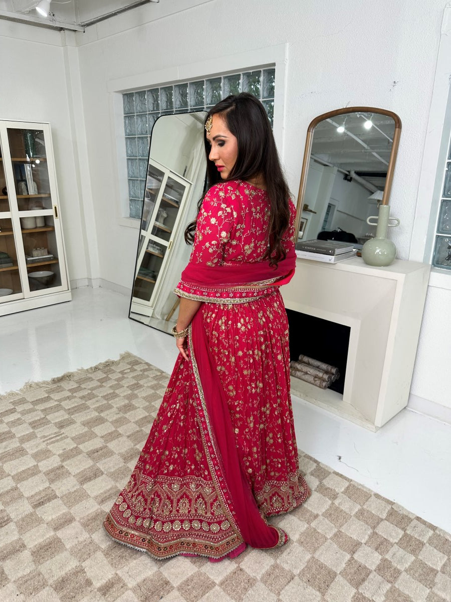 Hot Pink and Gold Lehenga with Heavy Border and Heavy Sequin and Embroidery Work Choli with Sleeves and Thick Full Border Dupatta