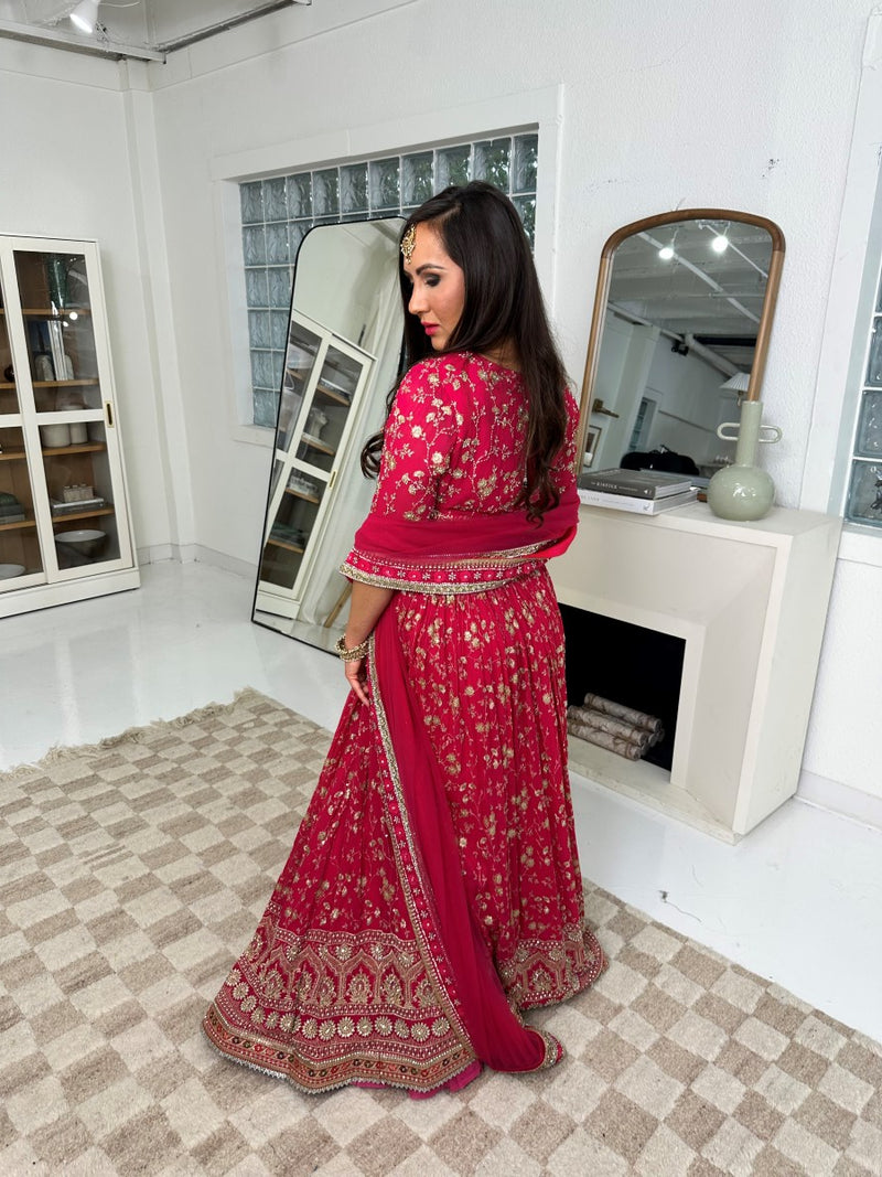 Hot Pink and Gold Lehenga with Heavy Border and Heavy Sequin and Embroidery Work Choli with Sleeves and Thick Full Border Dupatta