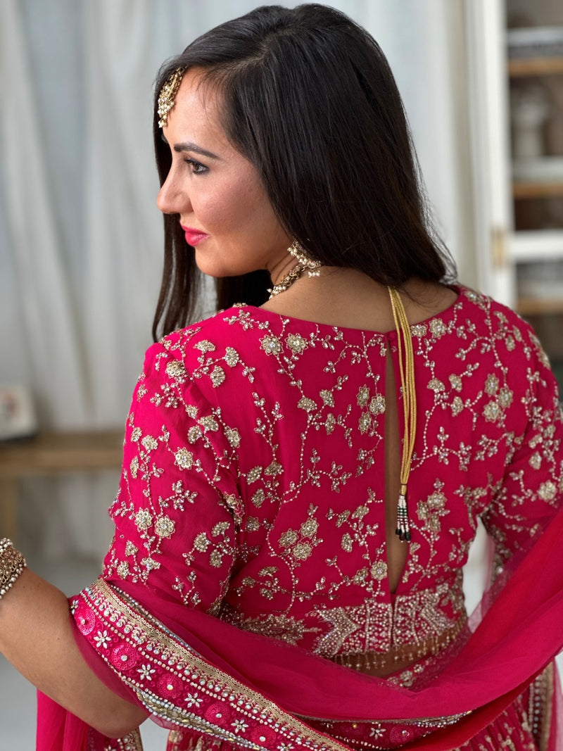 Hot Pink and Gold Lehenga with Heavy Border and Heavy Sequin and Embroidery Work Choli with Sleeves and Thick Full Border Dupatta