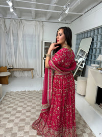 Hot Pink and Gold Lehenga with Heavy Border and Heavy Sequin and Embroidery Work Choli with Sleeves and Thick Full Border Dupatta