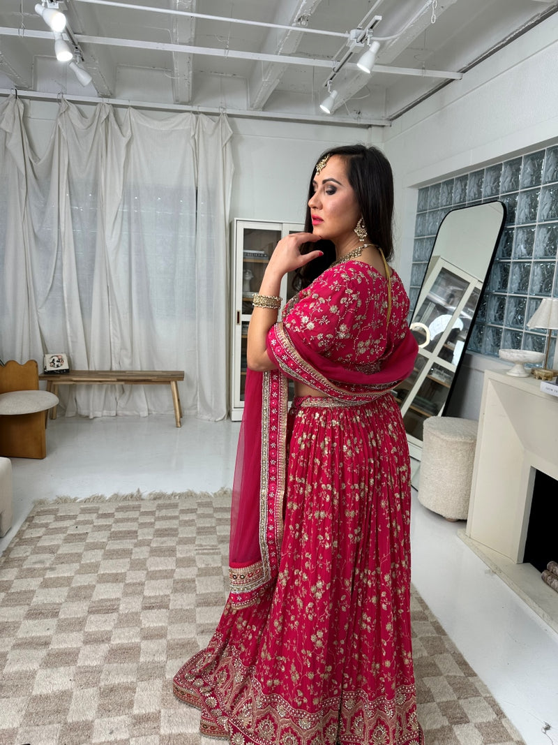 Hot Pink and Gold Lehenga with Heavy Border and Heavy Sequin and Embroidery Work Choli with Sleeves and Thick Full Border Dupatta