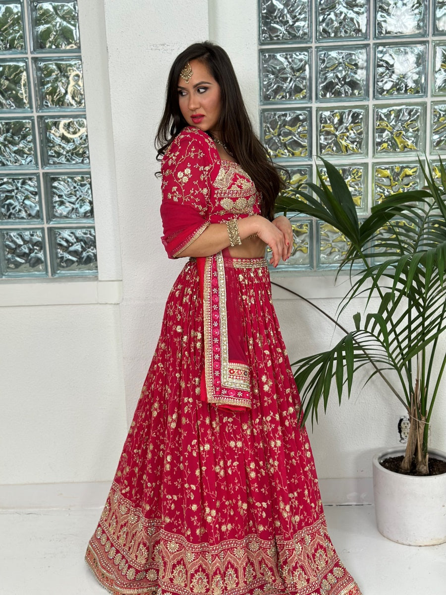 Hot Pink and Gold Lehenga with Heavy Border and Heavy Sequin and Embroidery Work Choli with Sleeves and Thick Full Border Dupatta