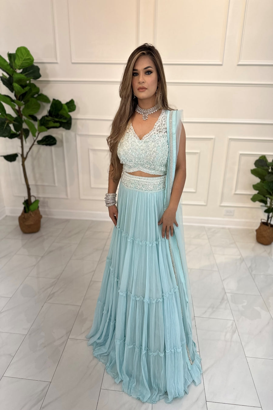 Powder Blue & White Lehenga Choli