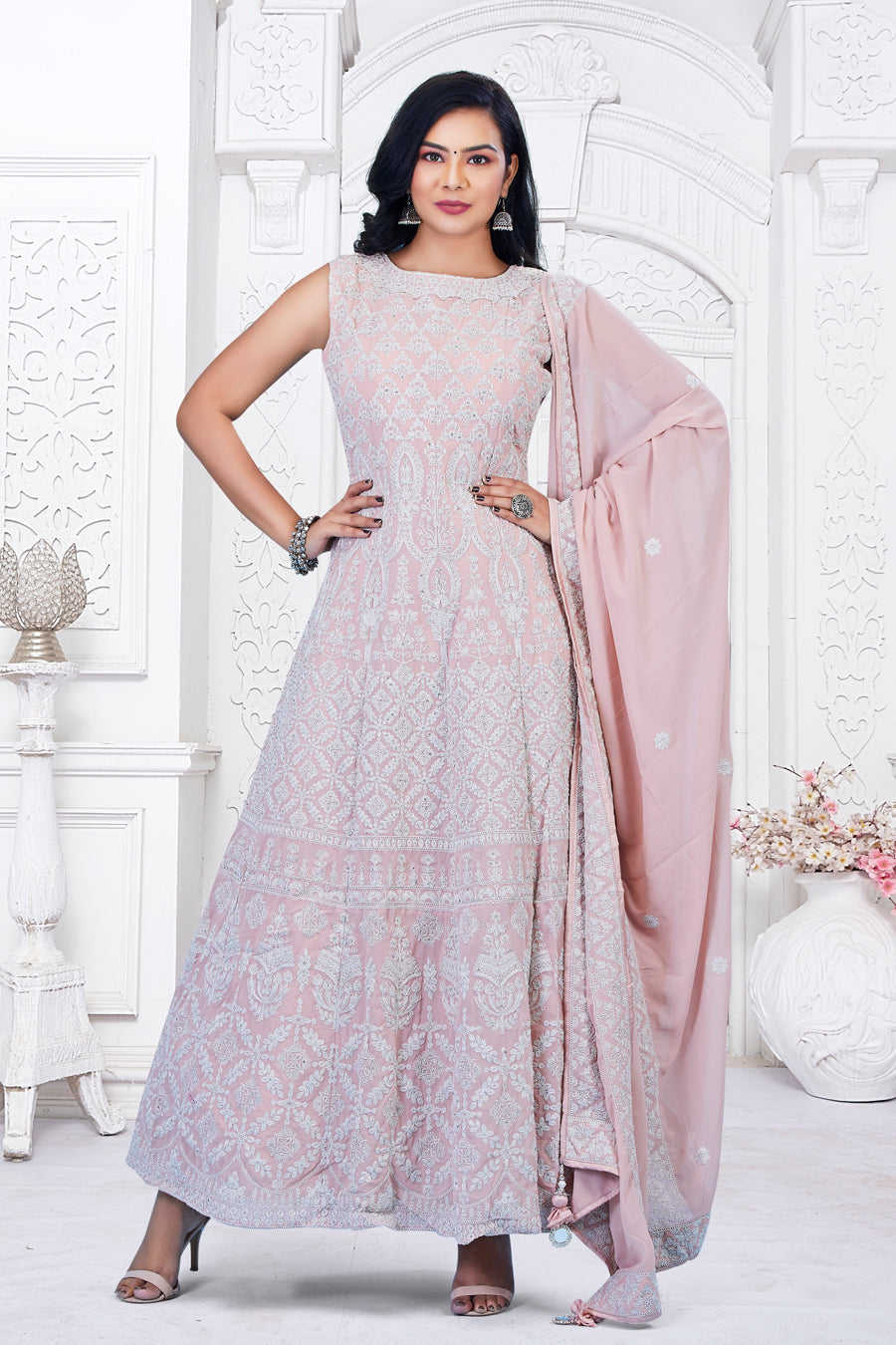 Pastel Pink Long Gown With Dupatta