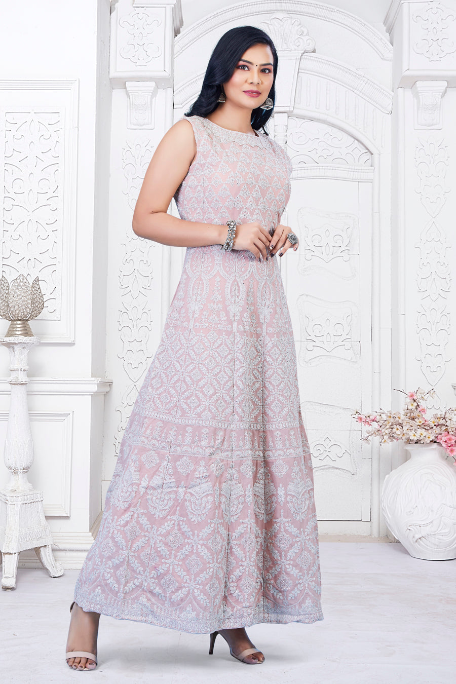 Pastel Pink Long Gown With Dupatta