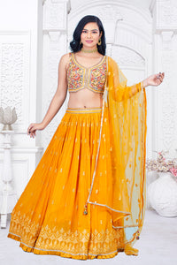 Yellow Orange Lehenga In Georgette With Viscose Colorful Embroidered Choli