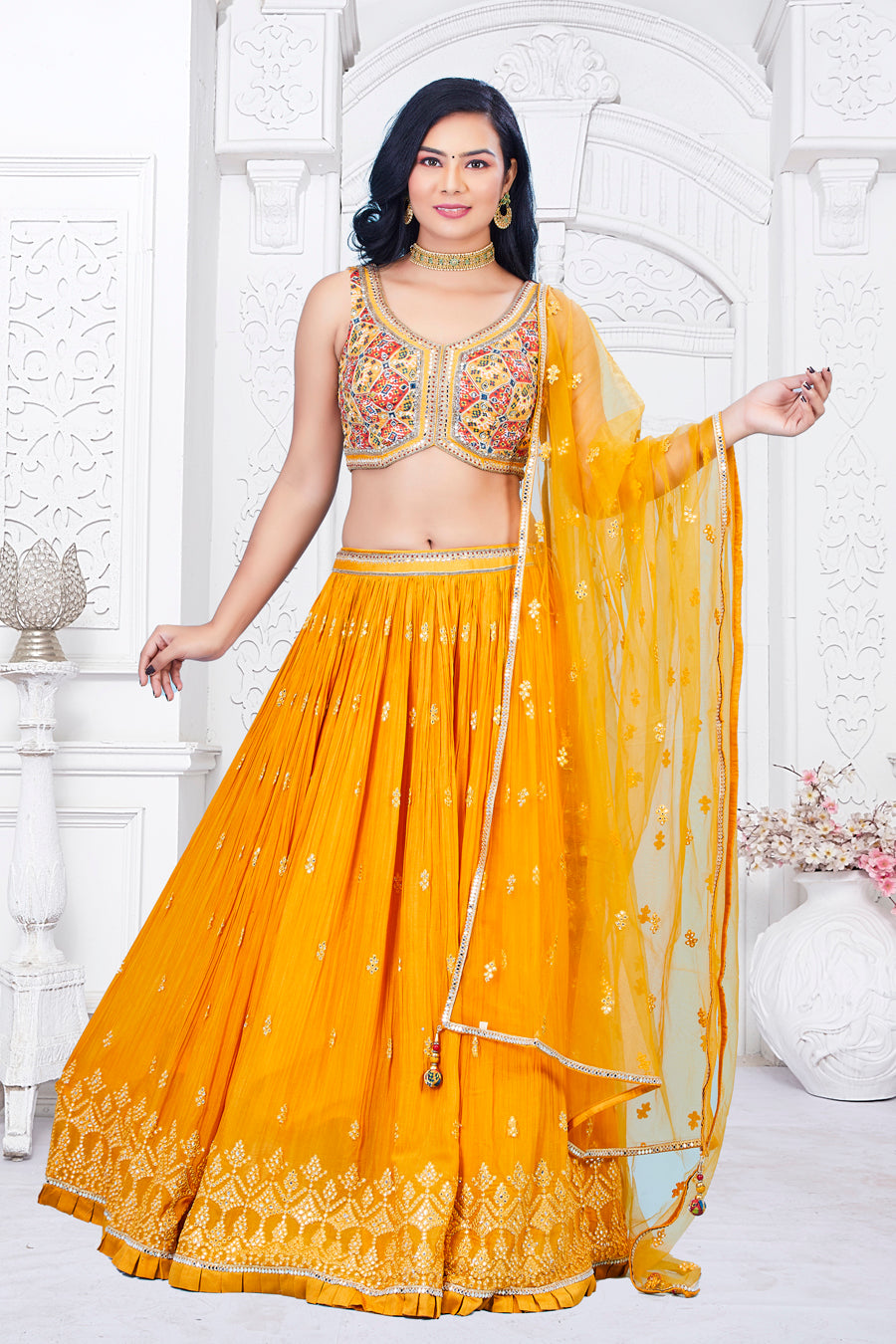 Yellow Orange Lehenga In Georgette With Viscose Colorful Embroidered Choli