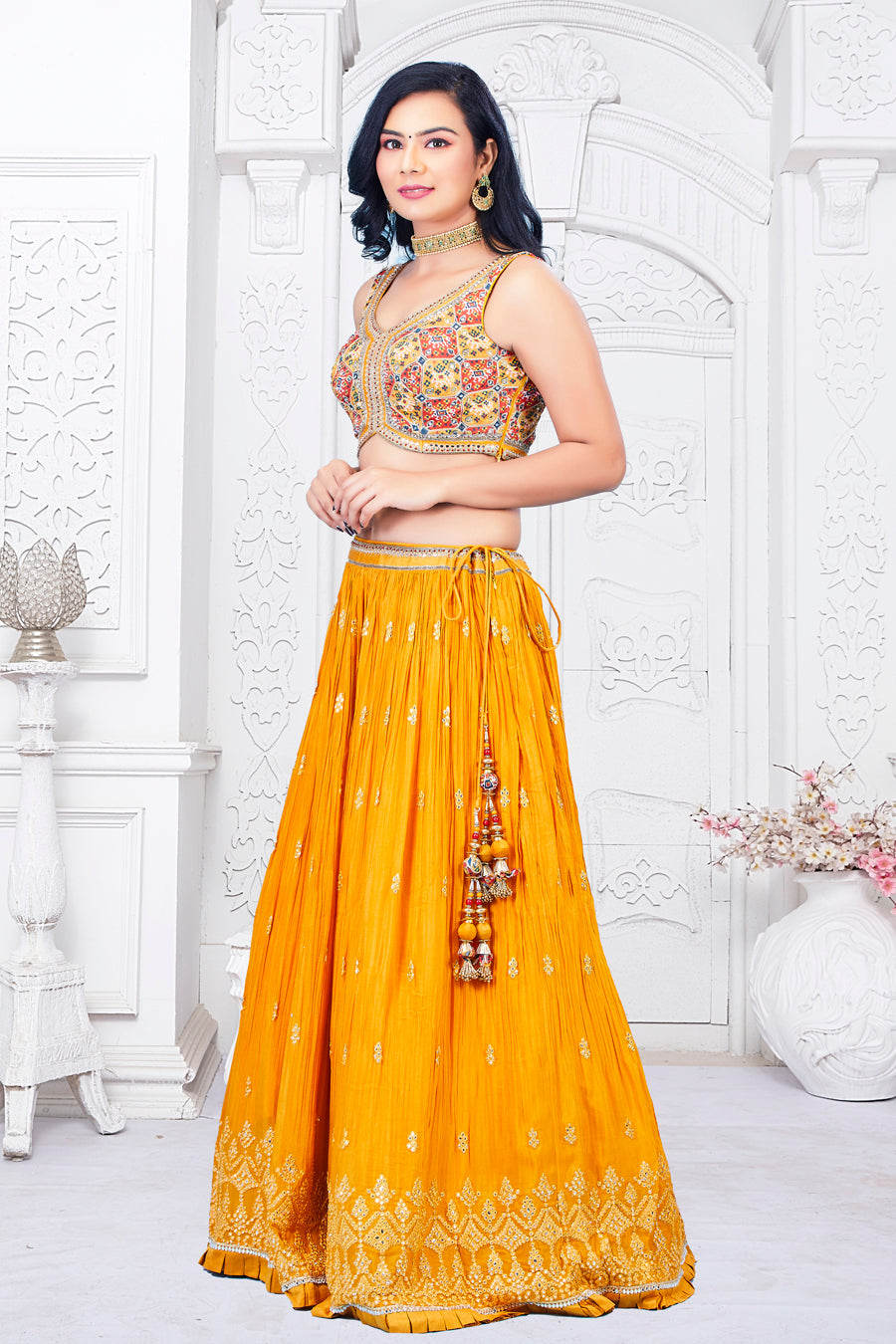 Yellow Orange Lehenga In Georgette With Viscose Colorful Embroidered Choli