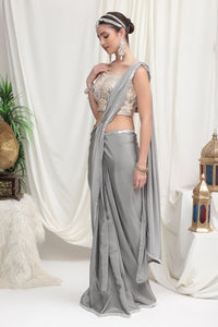 Silver Ready to wear Saree with heavy Blouse