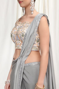 Silver Ready to wear Saree with heavy Blouse
