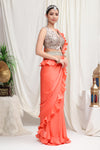 Peach & Silver Ruffle saree with Embroidered Blouse