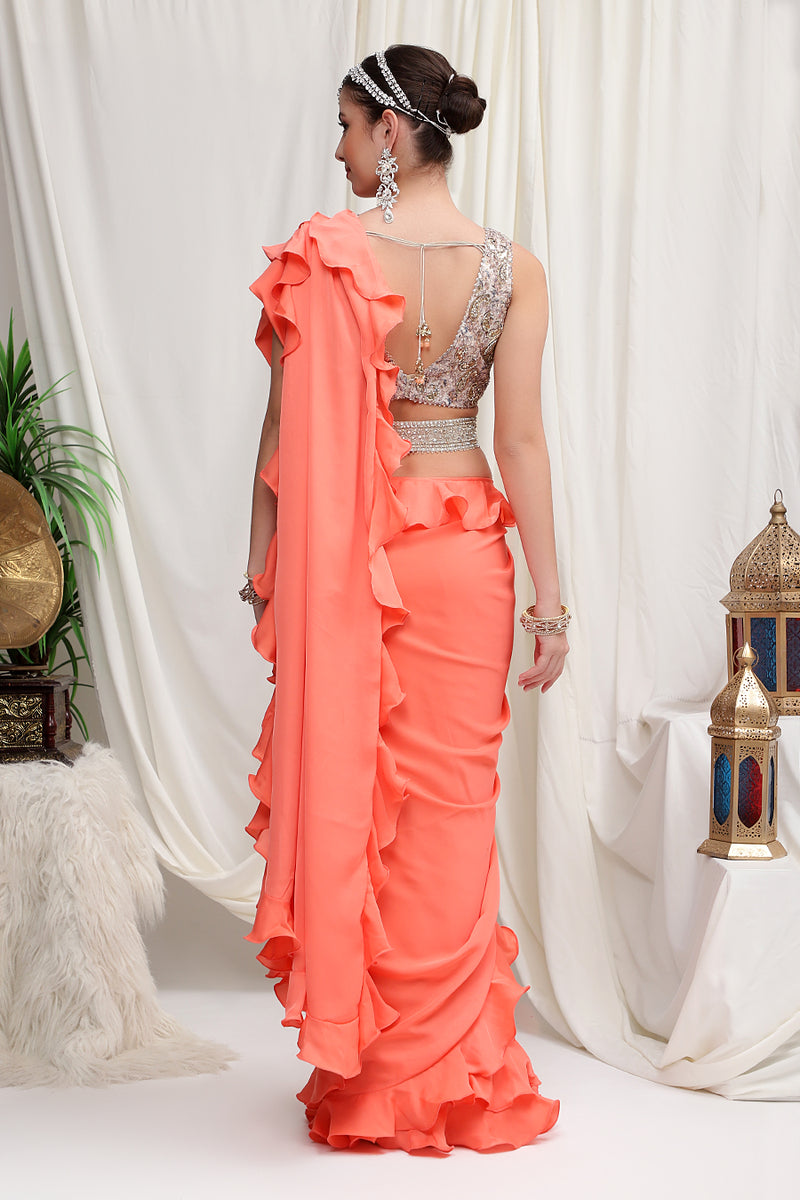 Peach & Silver Ruffle saree with Embroidered Blouse